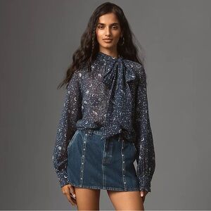 Anthropologie Organza Tie-Neck Blouse Navy Blue Celestial Star Print